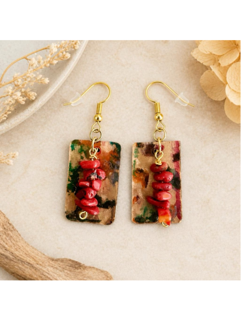HANDMADE OOAK COPPER EARRINGS Hand Painted Coral Dangles Bohemian Artisan Art